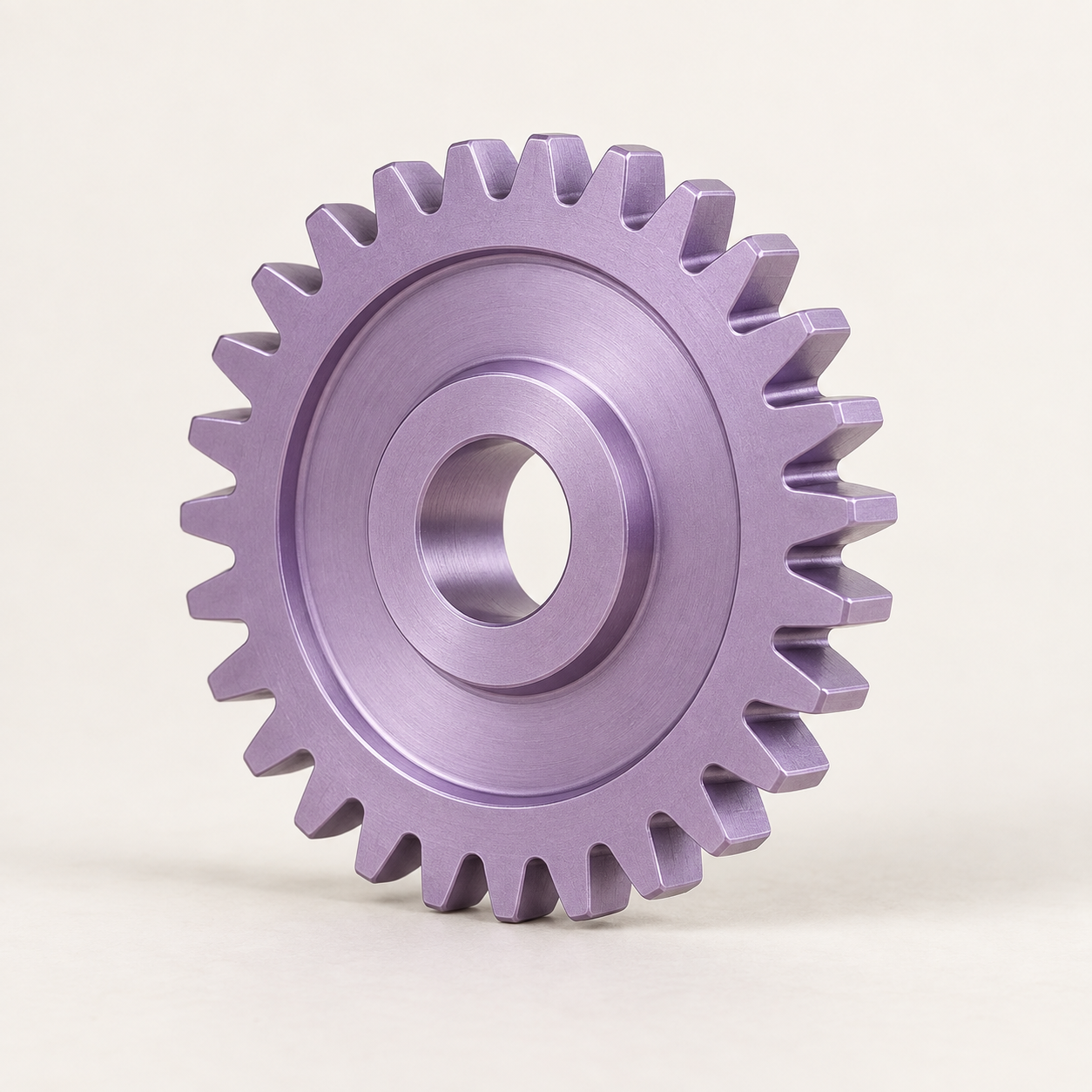 Lilac precision sprocket standing upright with a circular center