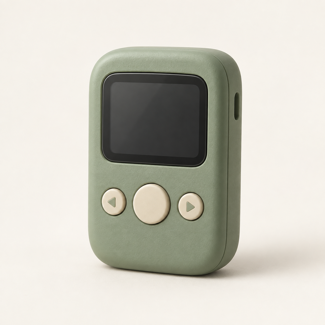 Sage green pocket gadget with a dark screen and three cream buttons
